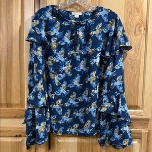 Floral Blue Sparrow Bird  Ruffled Bell Sleeve Bohemian Flowing Women's Top Sz M